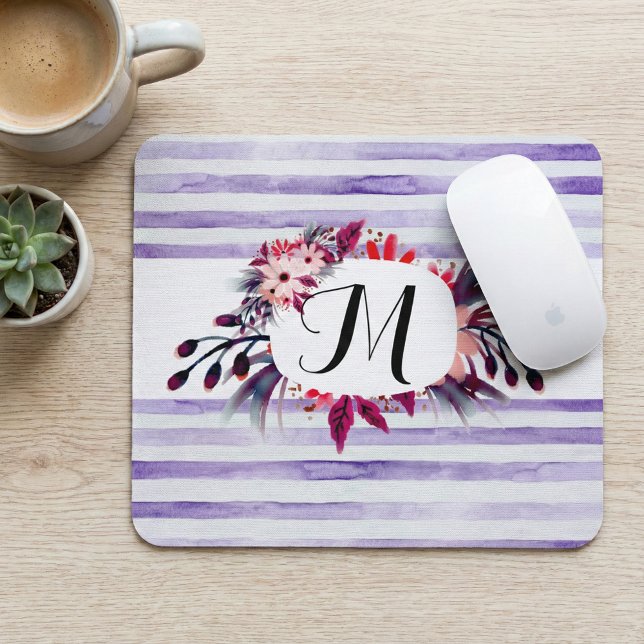 Watercolor Lavender Purple Stripes Floral Frame Mouse Pad (Creator Uploaded)