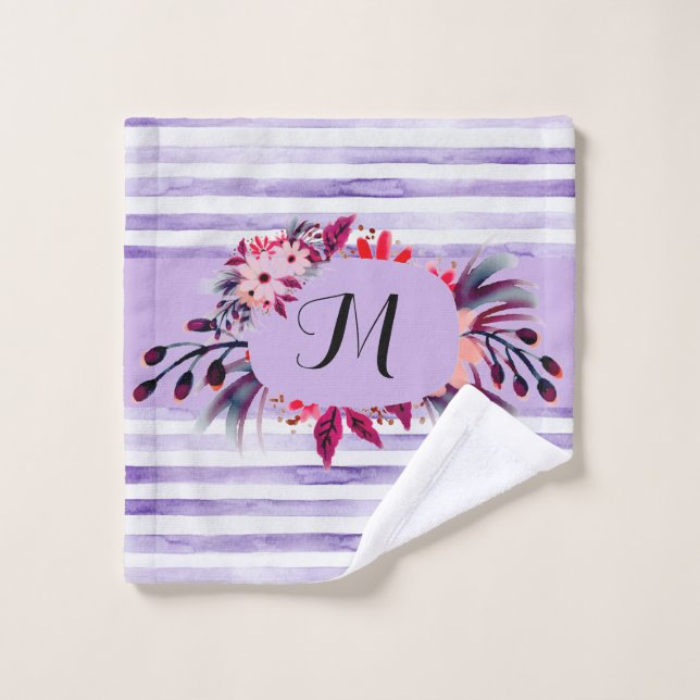 Watercolor Lavender Purple Stripes Floral Frame Wash Cloth (Wash Cloth)
