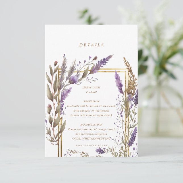 Watercolor Lavender Regal Floral Details Enclosure Card (Standing Front)