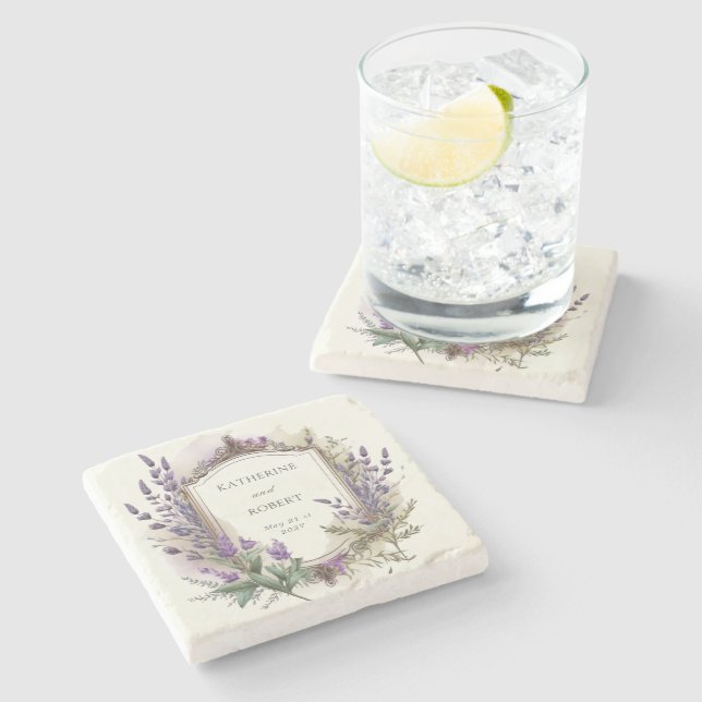 Watercolor Lavender Regal Monogram Wedding Stone Coaster (Side)