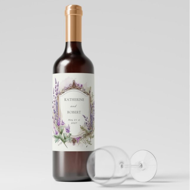 Watercolor Lavender Regal Monogram Wedding Wine Label (Creator Uploaded)