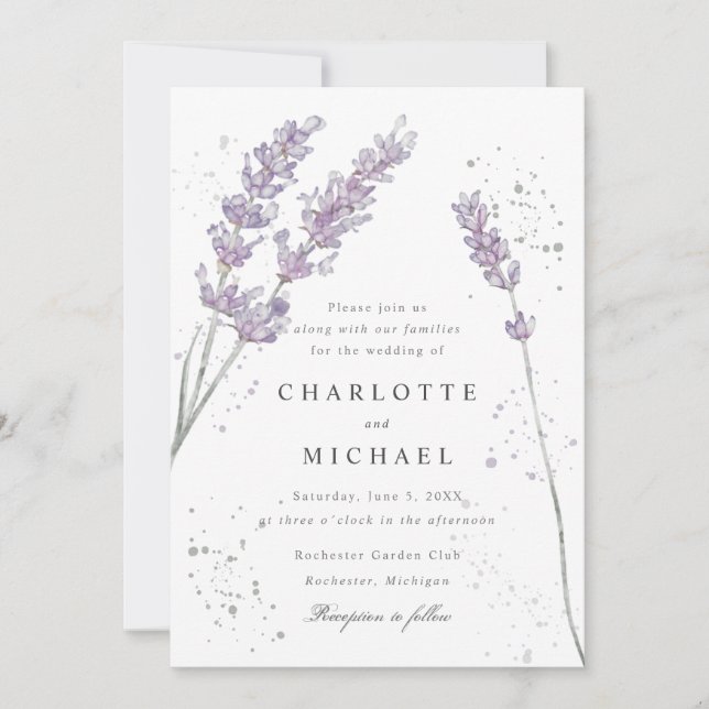Watercolor lavender spatter elegant wedding invitation (Front)