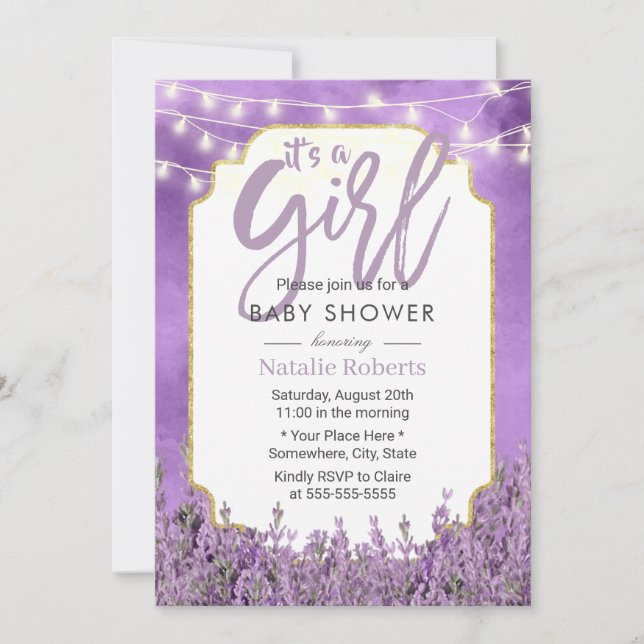 Watercolor Lavender String Lights Girl Baby Shower Invitation (Front)