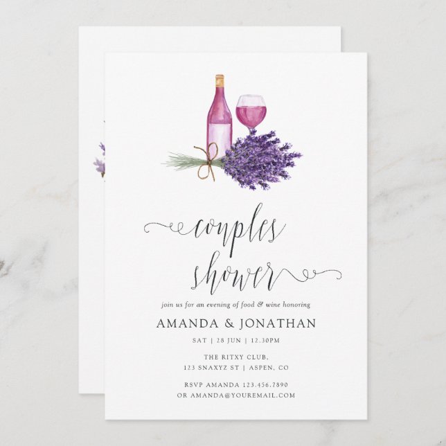 Watercolor Lavender Wine Tasting Couples Shower Invitation (Front/Back)