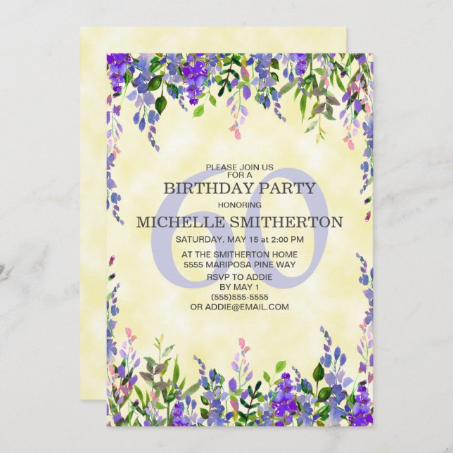 Watercolor Lavender Yellow 60th Birthday Party Invitation (Front/Back)