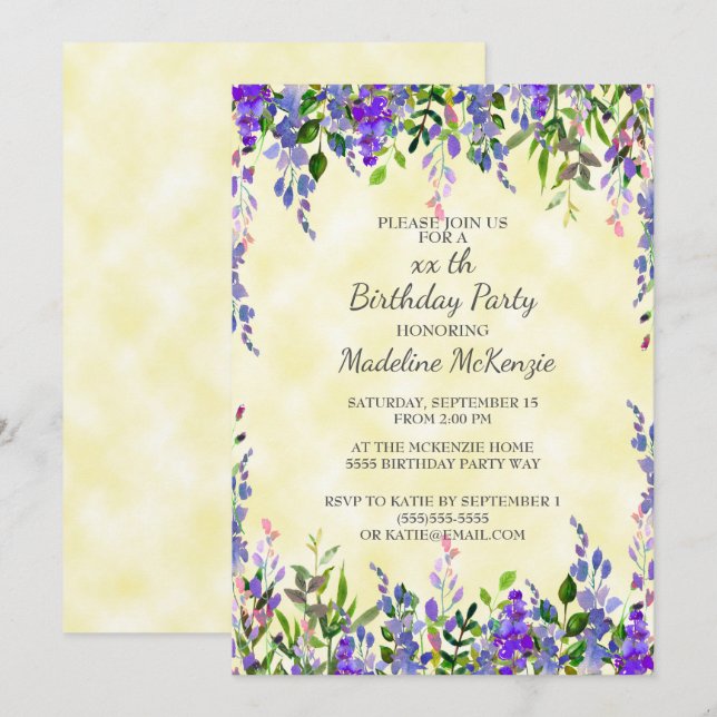 Watercolor Lavender Yellow Birthday Party Invite (Front/Back)