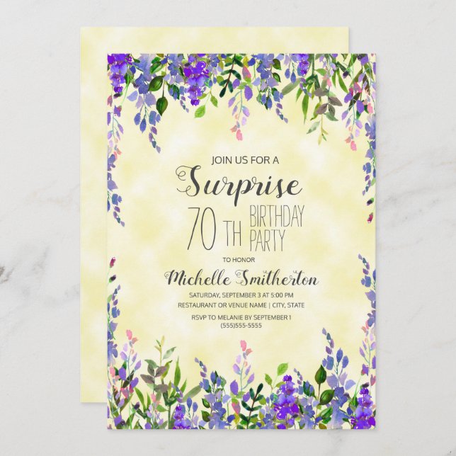 Watercolor Lavender Yellow Surprise 70th Birthday Invitation (Front/Back)