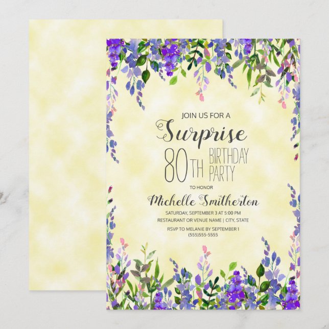 Watercolor Lavender Yellow Surprise 80th Birthday Invitation (Front/Back)