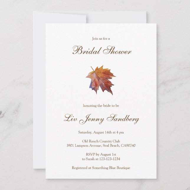 Watercolor Leaf Elegant Fall Bridal Shower Invitation (Front)