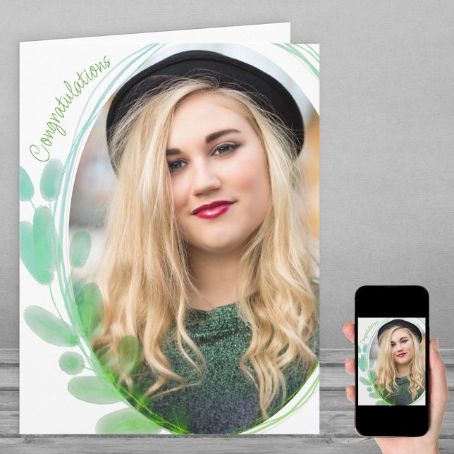 Watercolor Leaf Framed Photo Congratulations Card (Creator Uploaded)