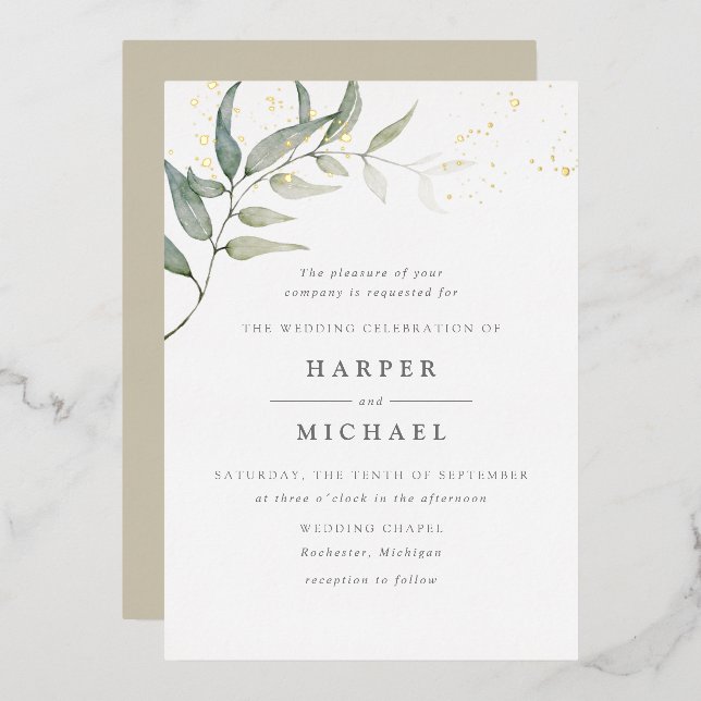 Watercolor leaf gold shimmer wedding (Front/Back)