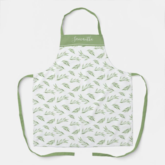 Watercolor Leaf Greenery Personalised Name Apron (Front)