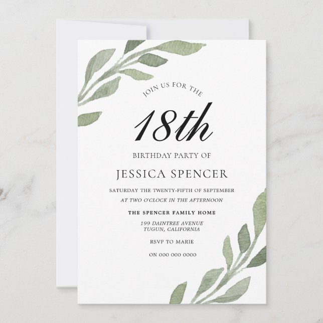 Watercolor Leaf Womans mens 18th Birthday Invite (Front)