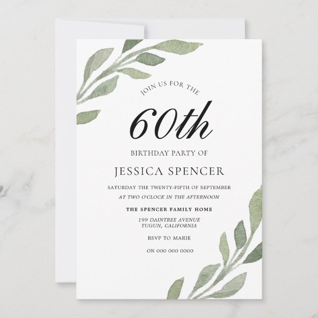 Watercolor Leaf Womans mens 60th Birthday Invite (Front)
