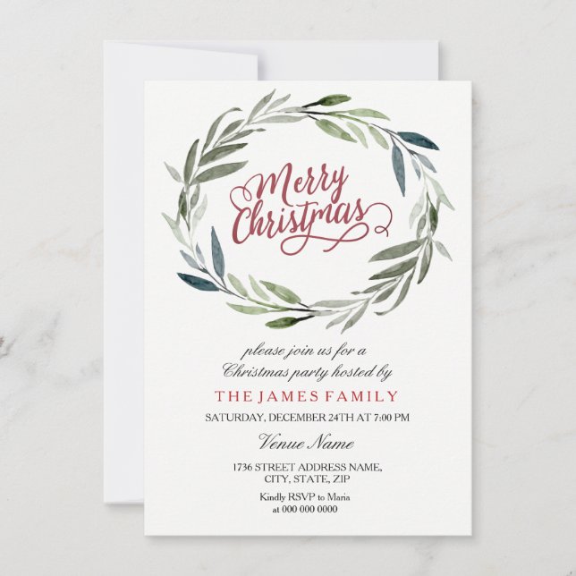 Watercolor Leaf Wreath Christmas Party Invitation (Front)