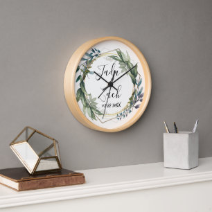 Watercolor Leafy Botanical Wreath Wedding     Clock
