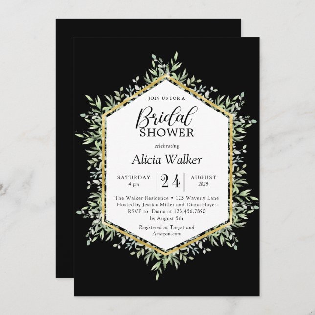 Watercolor leafy golden frame bridal shower invitation (Front/Back)