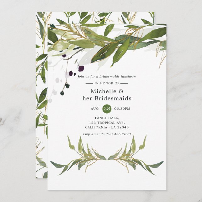 Watercolor Leafy Greenery Bridesmaids Luncheon Invitation (Front/Back)