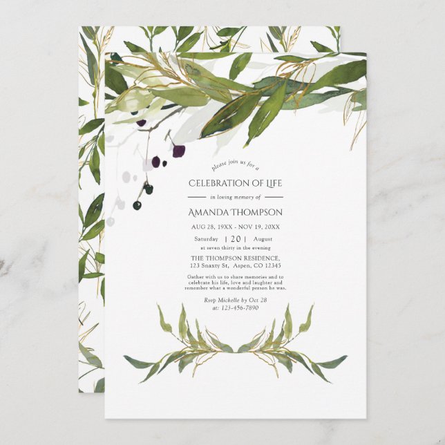 Watercolor Leafy Greenery Celebration of Life Invitation (Front/Back)