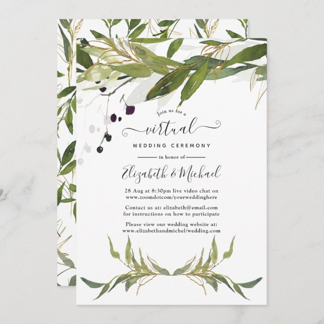 Watercolor Leafy Greenery Online Virtual Wedding Invitation (Front/Back)