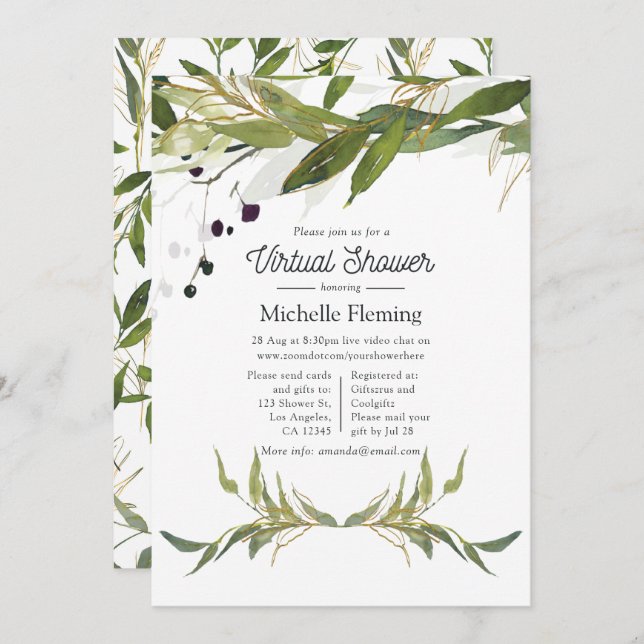 Watercolor Leafy Greenery Virtual Baby Shower Invitation (Front/Back)