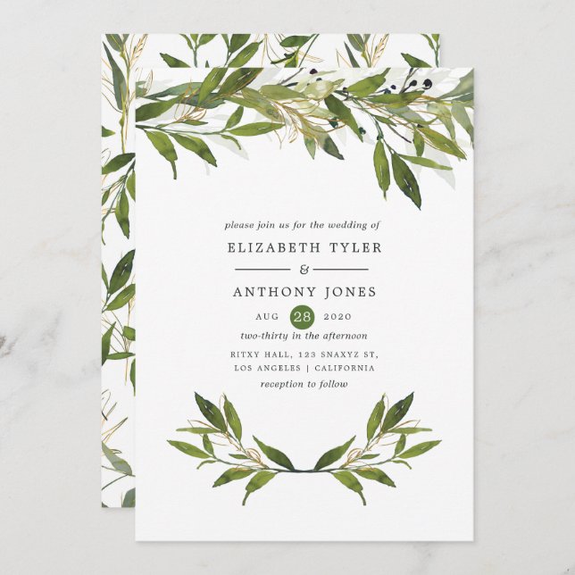 Watercolor Leafy Greenery Wedding Invitation (Front/Back)