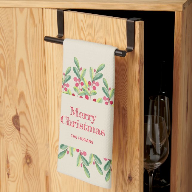Watercolor Leaves and Berries Christmas Tea Towel (Thirds Fold)
