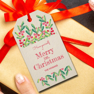 Watercolor Leaves and Berries Holiday Christmas Gift Tags