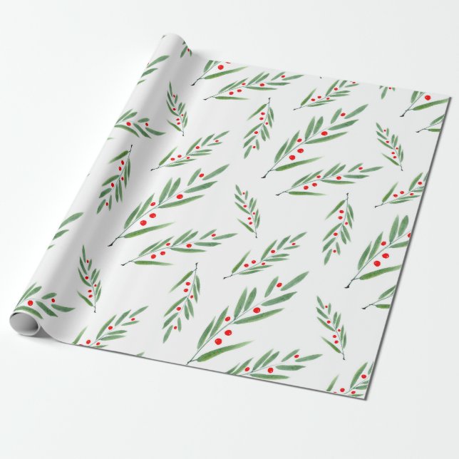 Watercolor Leaves and Berries Pattern Wrapping Paper (Unrolled)