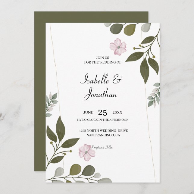 Watercolor Leaves And Flowers Wedding Invitation (Front/Back)
