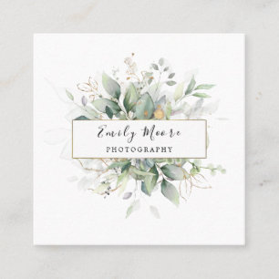 Watercolor Leaves And Gold Foliage Greenery Art Square Business Card