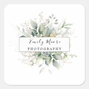 Watercolor Leaves And Gold Foliage Greenery Art Square Sticker
