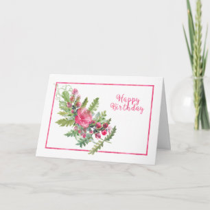 Watercolor Leaves and Pink Flowers Birthday Card