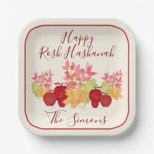 Watercolor Leaves Apples Rosh Hashanah Paper Plate