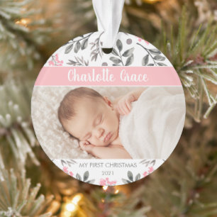 Watercolor Leaves Baby Girl First Christmas Photo Ornament