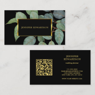Watercolor leaves black gold QR code professional Business Card