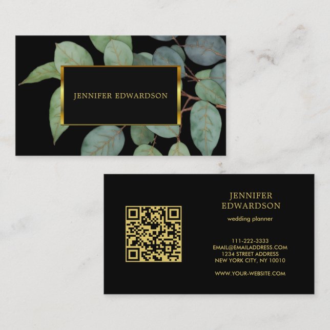 Watercolor leaves black gold QR code professional Business Card (Front/Back)
