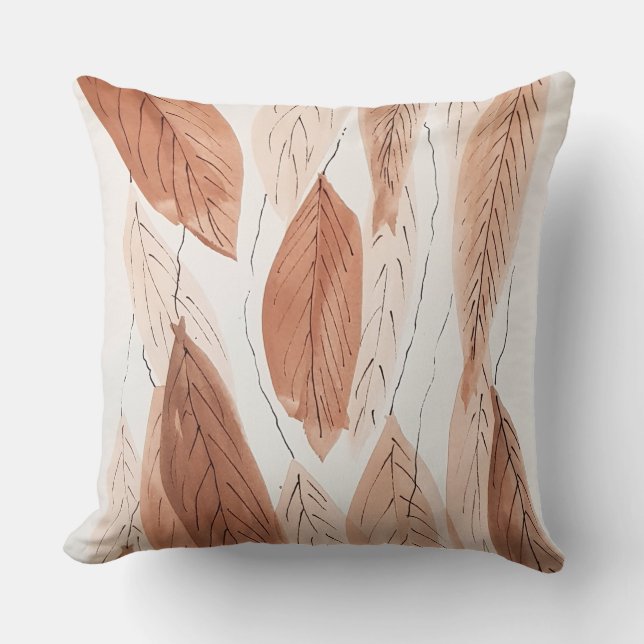 Watercolor Leaves Brown Terracotta Beige Grey Cushion (Front)