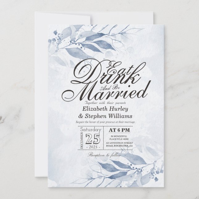 Watercolor Leaves EAT Drink & Be Married Wedding Invitation (Front)