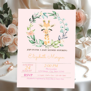 Watercolor Leaves Flower Baby Giraffe Baby Shower  Invitation