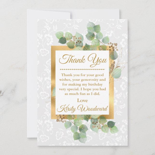 Watercolor Leaves Gold Foil Glitter Birthday Thank You Card (Front)
