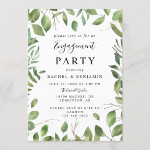 Watercolor Leaves Green Frame Engagement Party Invitation