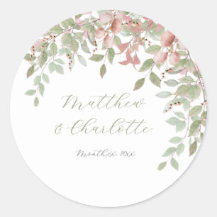 Watercolor Leaves, Green & Pink Wedding Classic Round Sticker