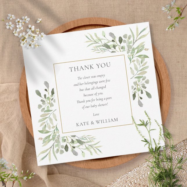 Watercolor Leaves Greenery Baby Shower Poem Thank You Card (Creator Uploaded)