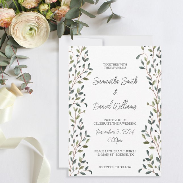 Watercolor Leaves Greenery Wedding Invitation (A simple but pretty botanical themed wedding invitation.)