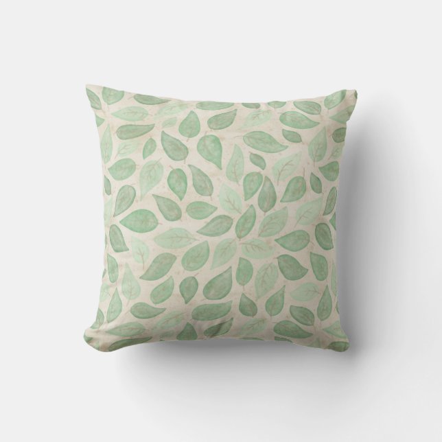 Watercolor Leaves in Green and Beige Cushion (Front)
