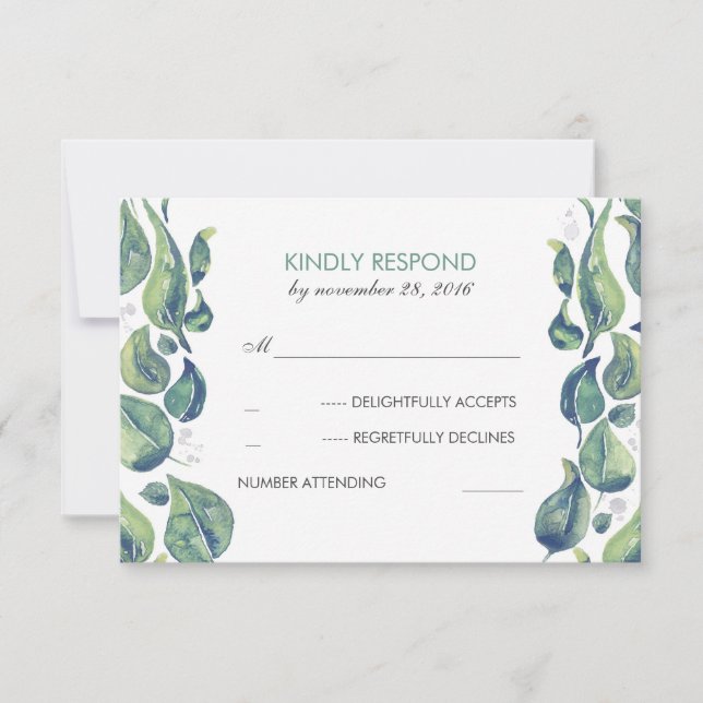 Watercolor Leaves Laurel Rustic Wedding RSVP (Front)