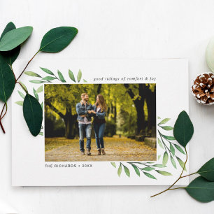 Watercolor Leaves Modern Photo Holiday Card
