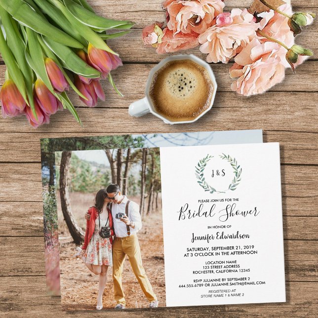 Watercolor leaves monogram photo Bridal Shower Invitation (Modern rustic watercolor leaves monogrammed photo Bridal Shower Invitation.)