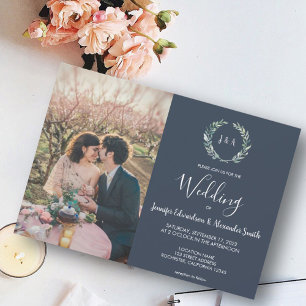 Watercolor leaves monogram photo navy blue Wedding Invitation
